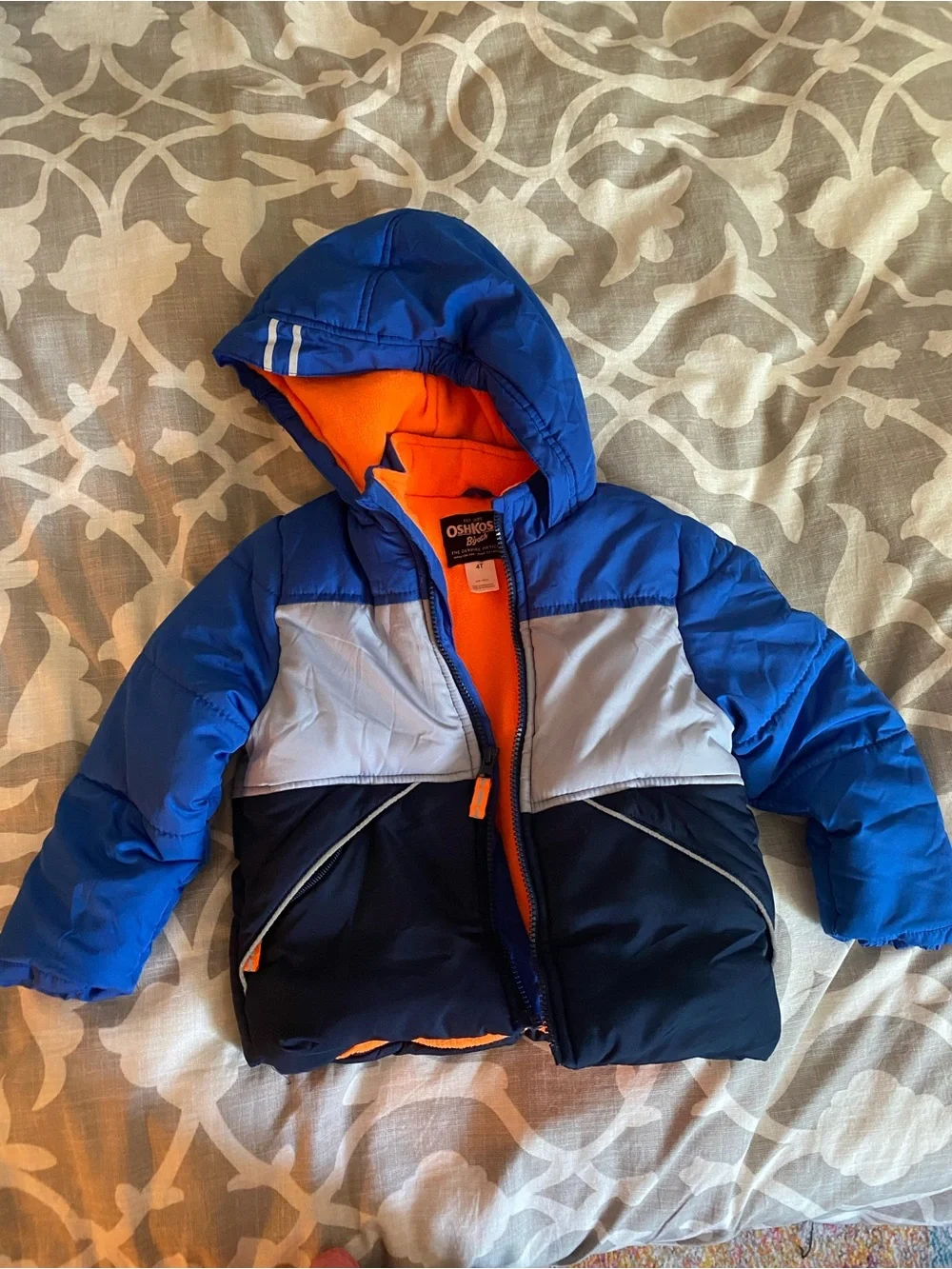 OshKosh B’gosh Blue and Orange Puffer Hooded Coat Boys 4T
